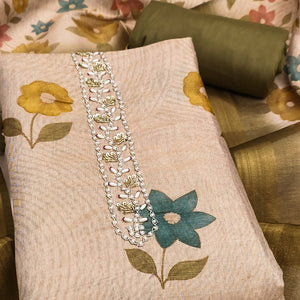 Beige & Mehendi Green Digital Floral Printed Shimmer Dress Material With Pearl & Cutdana Handwork