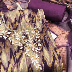 Luxury Purple Ikkat Weaving Viscose Dress Material Adorned With Floral Pearl & Cutdana Handwork