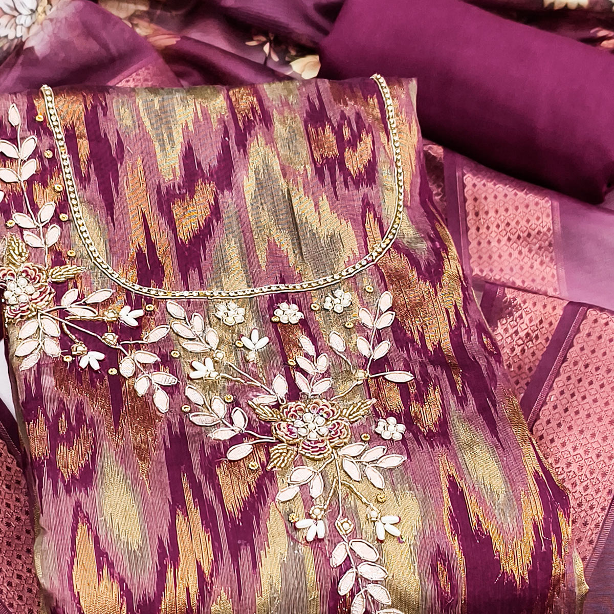 Luxury Wine Ikkat Woven Viscose Dress Material Adorned With Floral Pearl & Cutdana Handwork