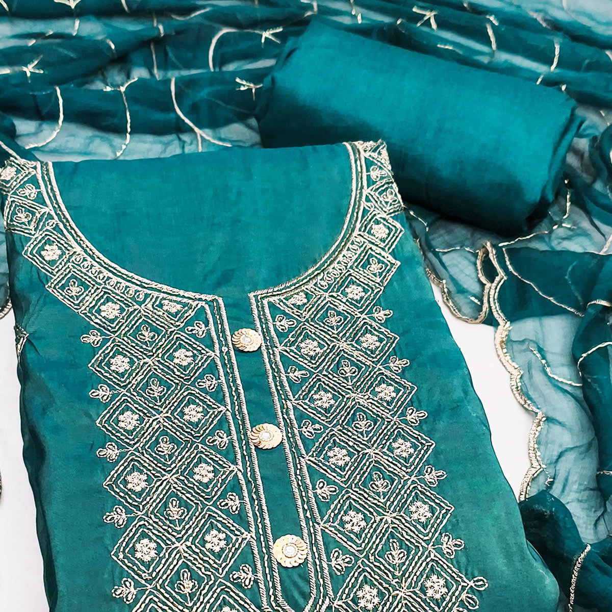 Stylish Teal Floral Embroidered Viscose Dress Material Showcasing Elegant Cutdana Handwork