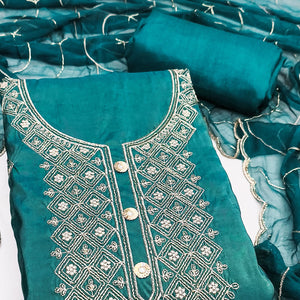 Stylish Teal Floral Embroidered Viscose Dress Material Showcasing Elegant Cutdana Handwork