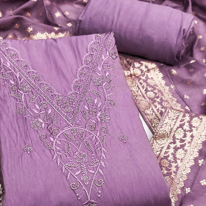 Exclusive Lavender Floral Embroidery Viscose Dress Material Enhanced With Cutdana Handwork Accents