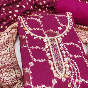 Dark Magenta Floral Weaving Banarasi Silk Dress Material Featuring Sequins & Moti Handwork