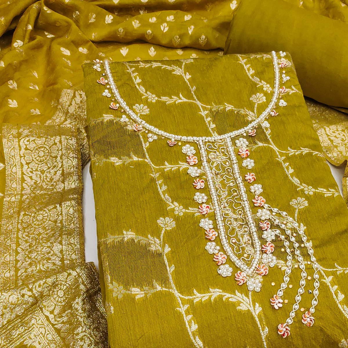 Dark Mustard Floral Weaving Banarasi Silk Dress Material Featuring Sequins & Moti Handwork