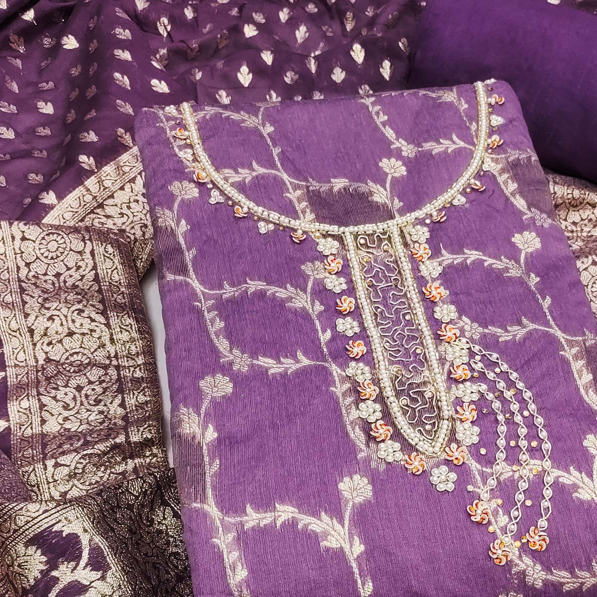 Purple Floral Weaving Banarasi Silk Dress Material Featuring Sequins & Moti Handwork