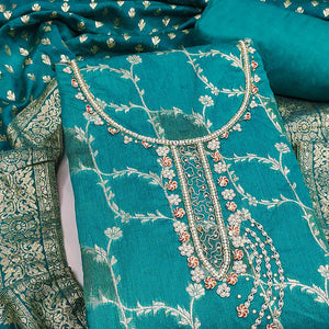 Rama Blue Floral Weaving Banarasi Silk Dress Material Featuring Sequins & Moti Handwork