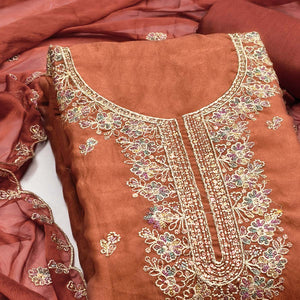 Graceful Rust Floral Sequins Embroidered With Handwork Georgette Dress Material