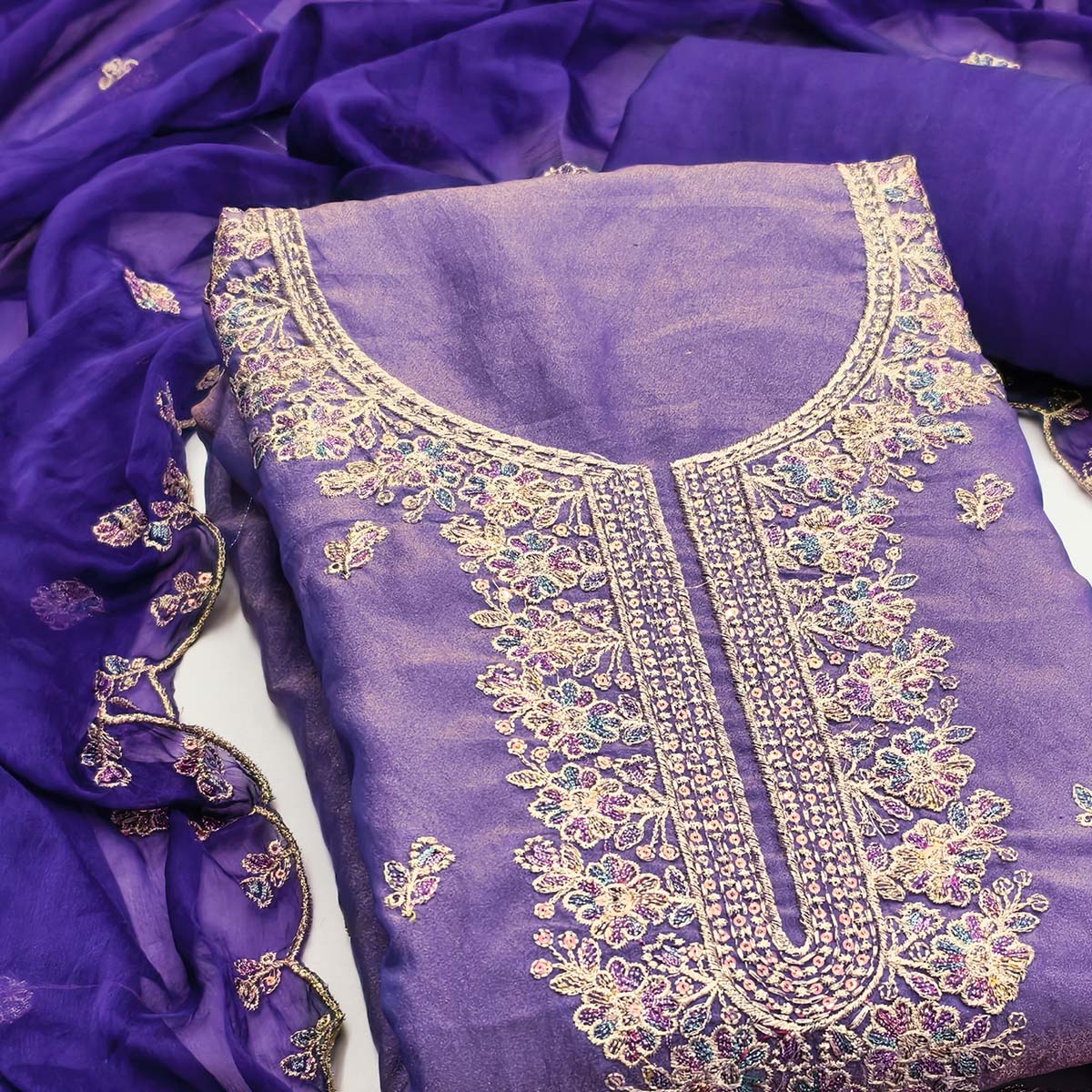Graceful Royal Purple Floral Sequins Embroidered With Handwork Georgette Dress Material