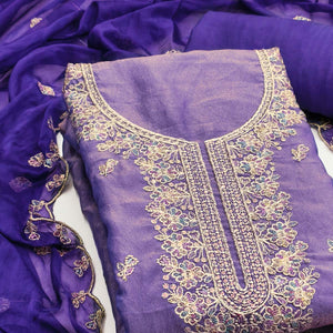 Graceful Royal Purple Floral Sequins Embroidered With Handwork Georgette Dress Material