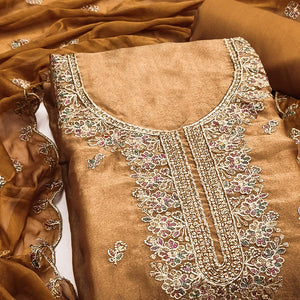 Graceful Light Brown Floral Sequins Embroidered With Handwork Georgette Dress Material