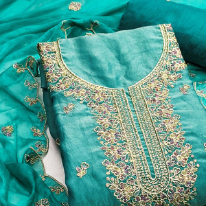 Graceful Turquoise Floral Sequins Embroidered With Handwork Georgette Dress Material