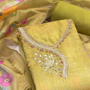 Charming Green Floral Digital Printed Rayon Dress Material With Sequins & Moti Handwork