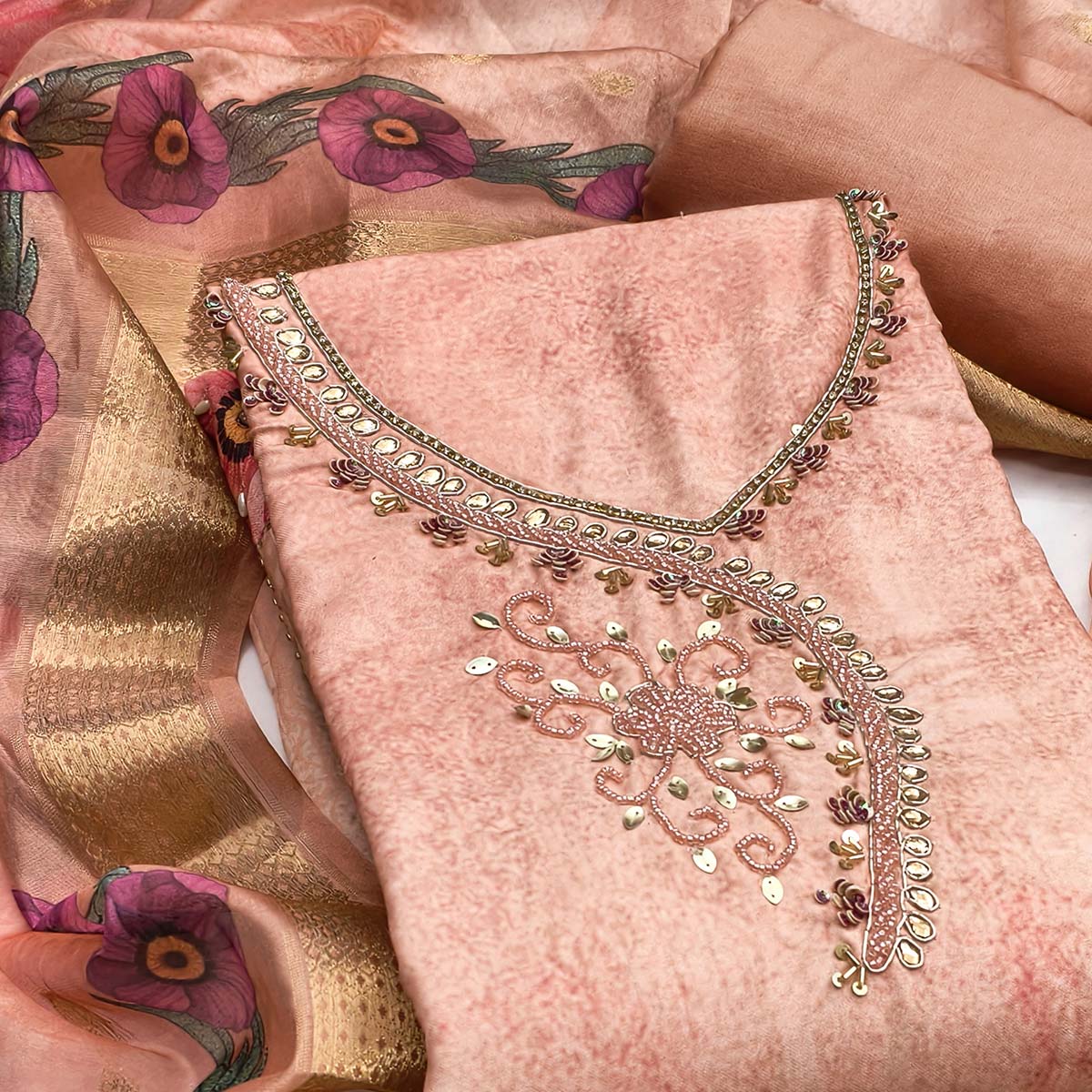 Charming Peach Floral Digital Printed Rayon Dress Material With Sequins & Moti Handwork