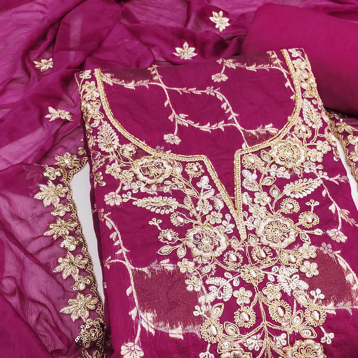 Luxury Magenta Floral Weaving Banarasi Silk Dress Material With Sequins Cording Hand Embroidery