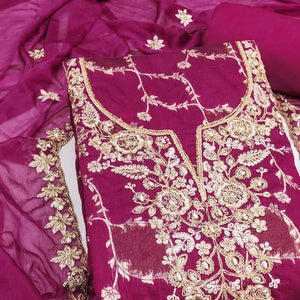 Luxury Magenta Floral Weaving Banarasi Silk Dress Material With Sequins Cording Hand Embroidery