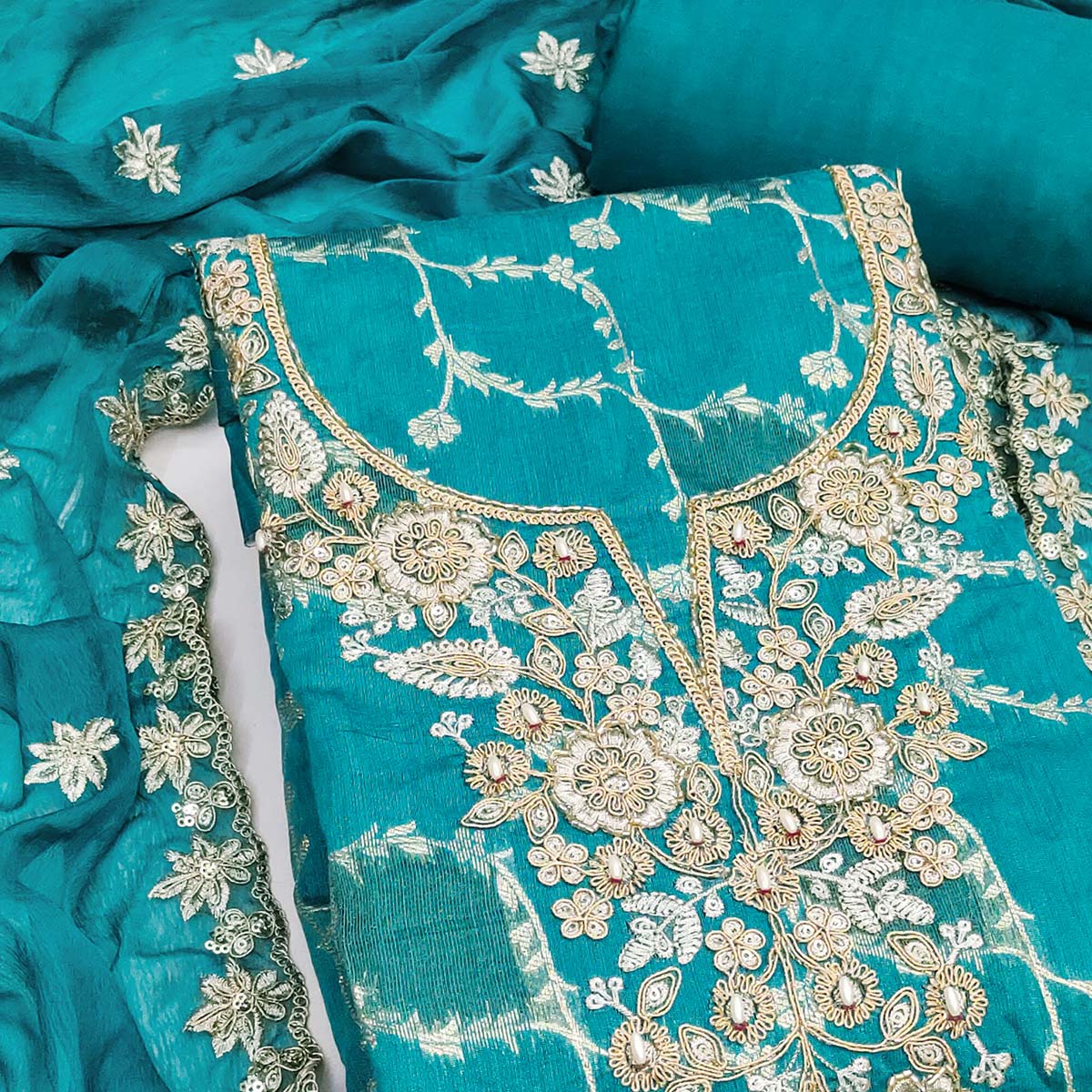 Luxury Rama Blue Floral Weaving Banarasi Silk Dress Material With Sequins Cording Hand Embroidery