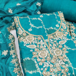 Luxury Rama Blue Floral Weaving Banarasi Silk Dress Material With Sequins Cording Hand Embroidery