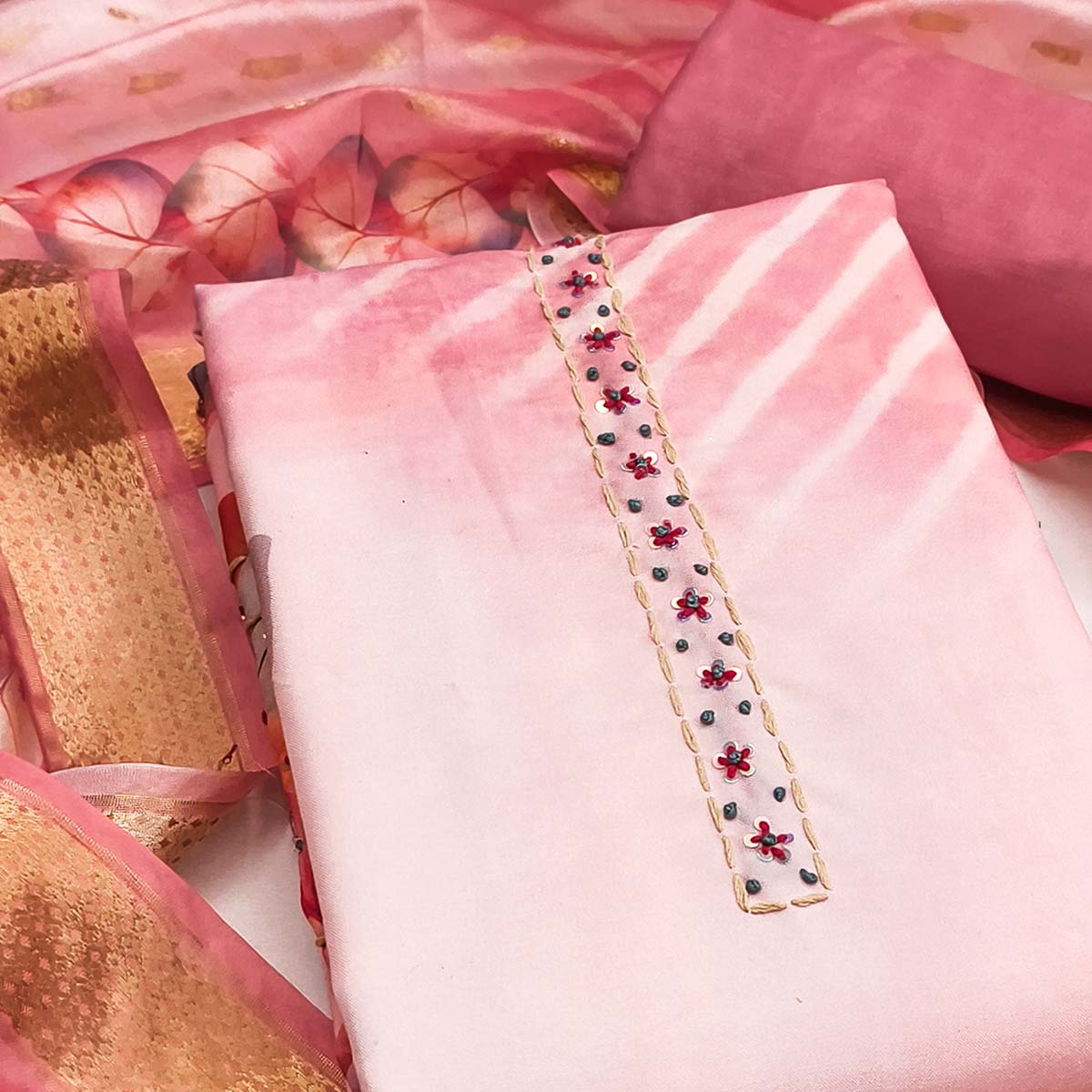 Fresh Pink Leaf Digital Printed Rayon Dress Material With Sequins & Delicate Handwork