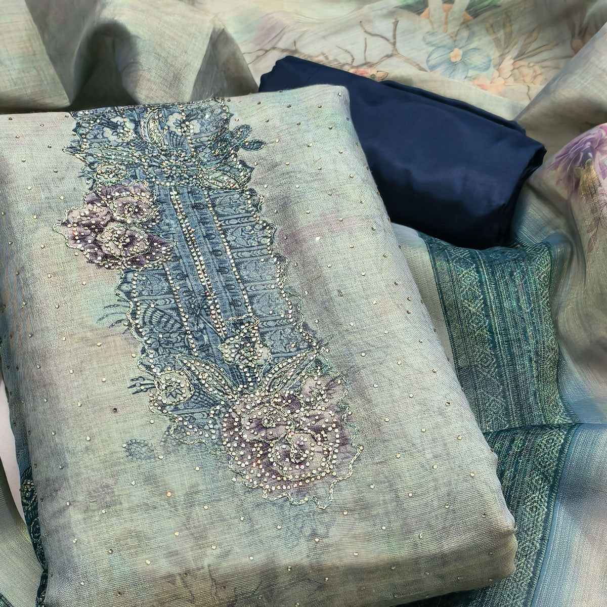 Sophisticated Blue Floral Digital Print With Swarovski Work Shimmer Dress Material