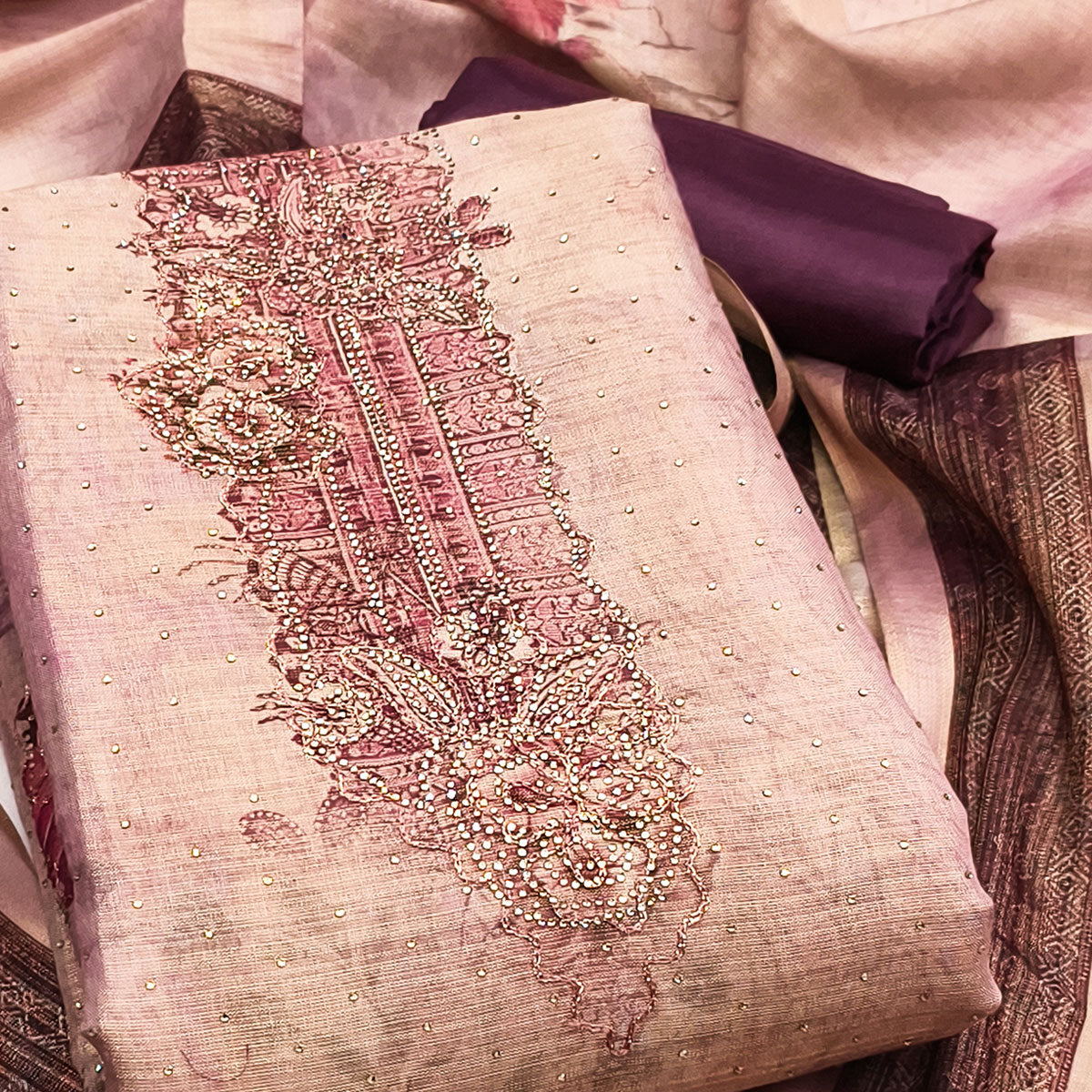 Sophisticated light purple Floral Digital Print With Swarovski Work Shimmer Dress Material