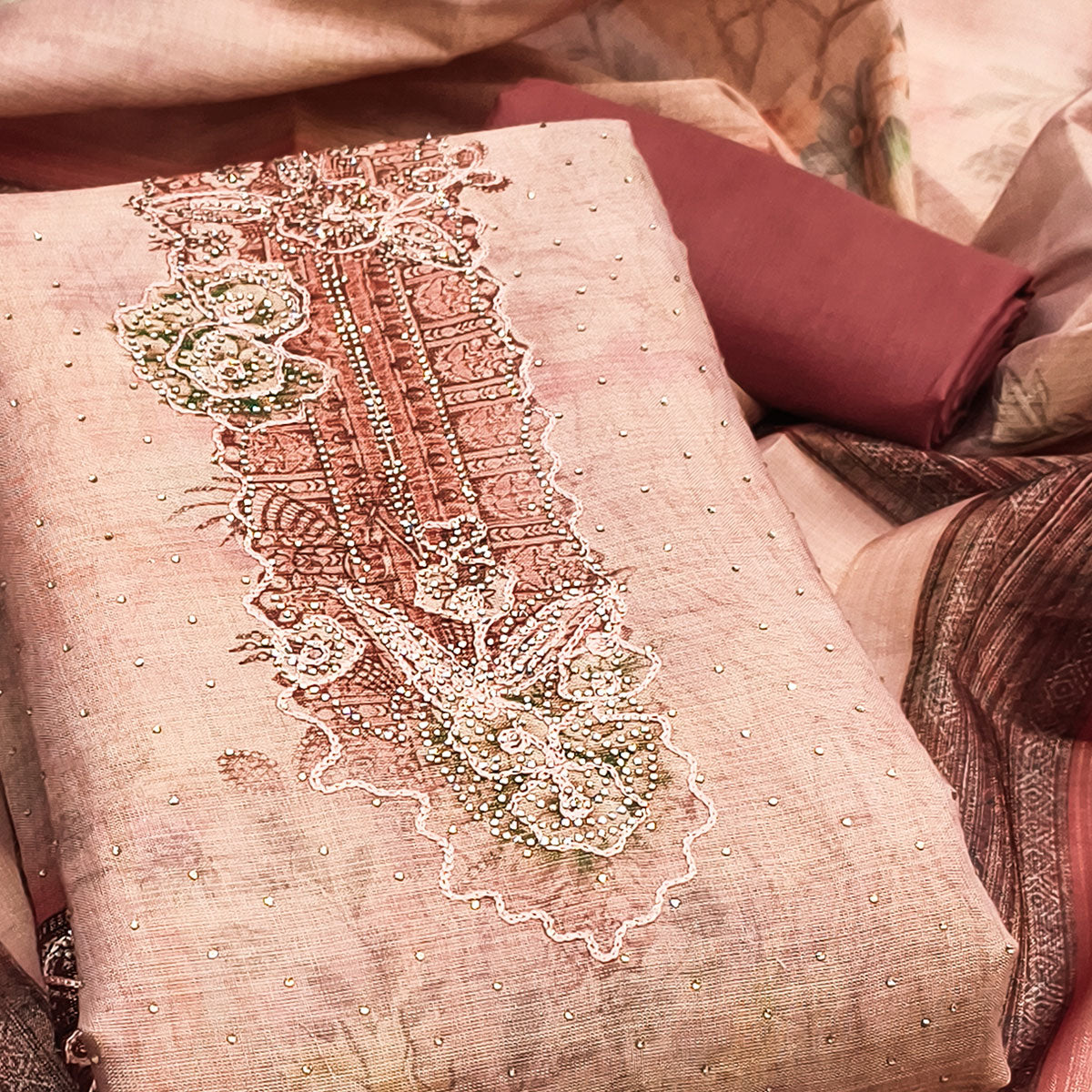 Sophisticated Peach Floral Digital Print With Swarovski Work Shimmer Dress Material