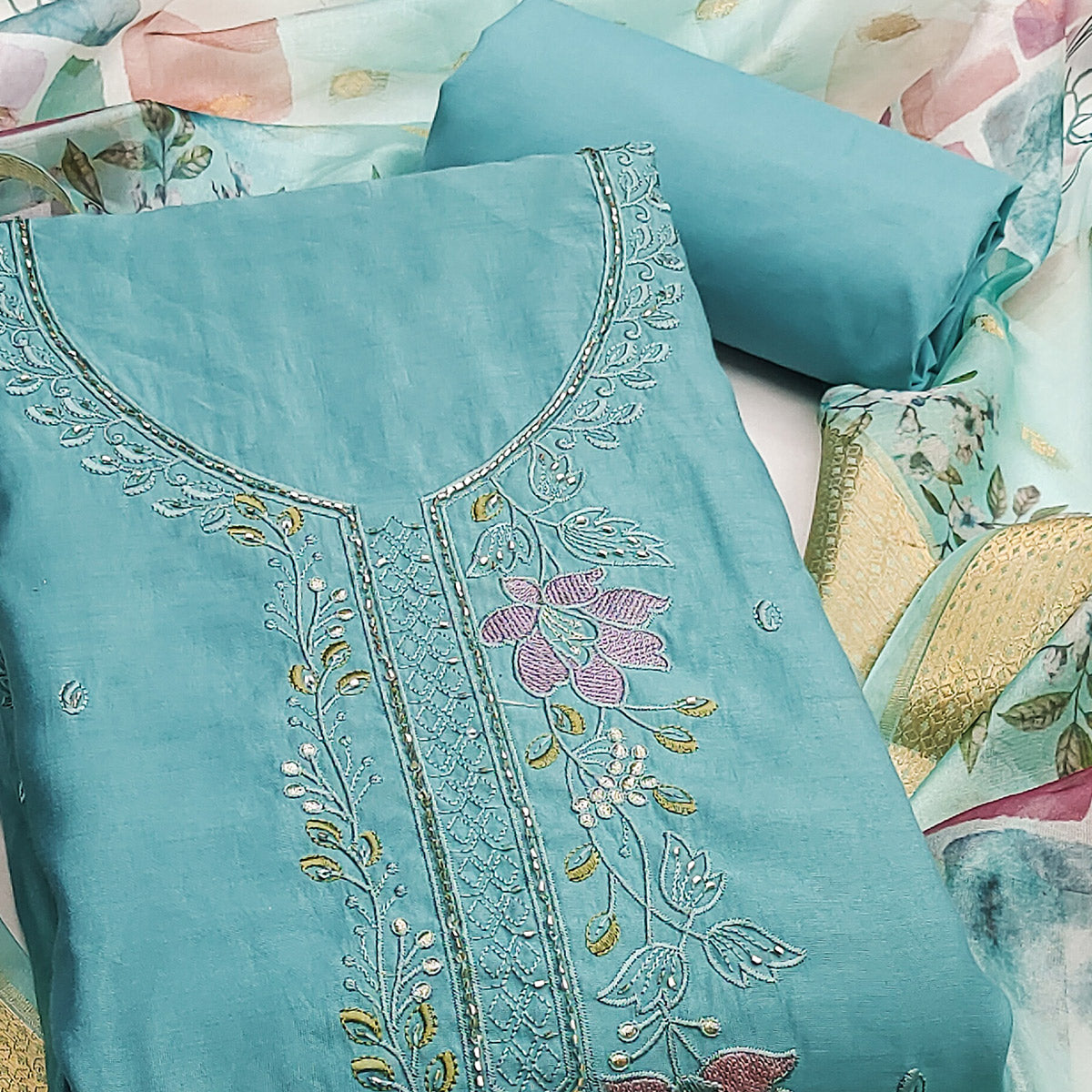 Charming Blue Floral Thread Embroidered With Artful Handwork Cotton Silk Dress Material