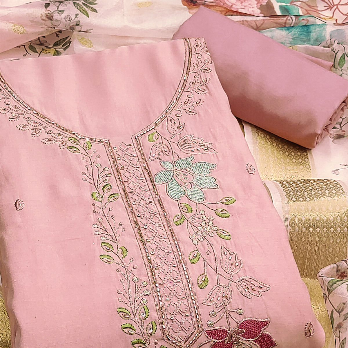 Charming Peach Floral Thread Embroidered With Artful Handwork Cotton Silk Dress Material