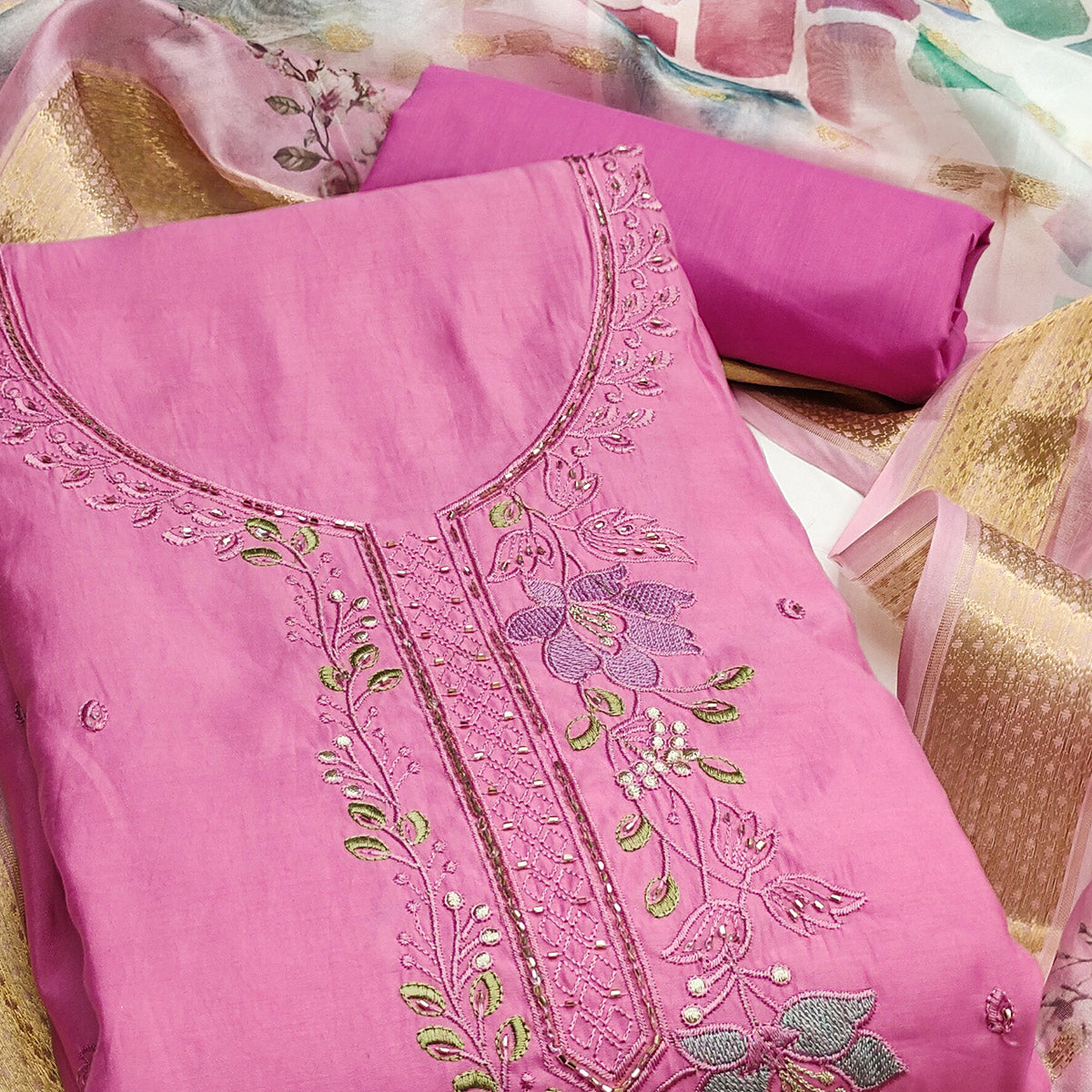 Charming Pink Floral Thread Embroidered With Artful Handwork Cotton Silk Dress Material