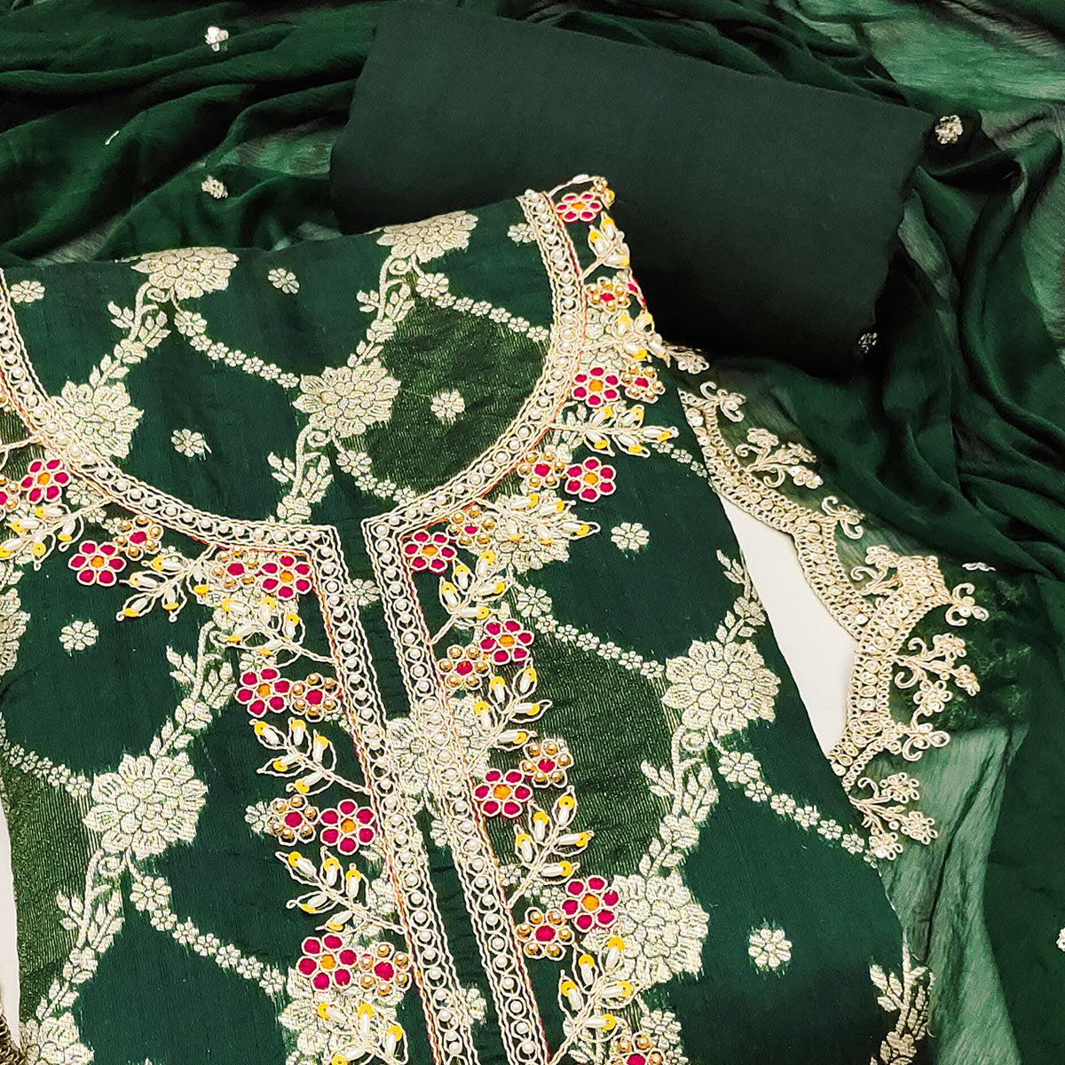 Opulent Green Floral Woven Banarasi Silk Dress Material With Detailed Handwork & Sequin Embroidery