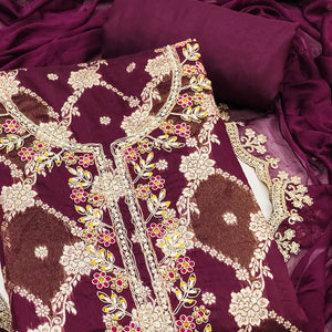 Opulent Wine Floral Woven Banarasi Silk Dress Material With Detailed Handwork & Sequin Embroidery