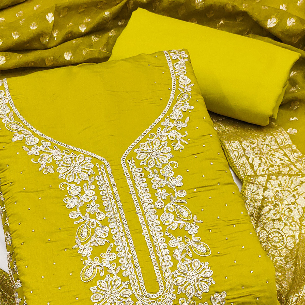 Luxury Green Floral Embroidered Cotton Silk Dress Material Enhanced With Swarovski Work