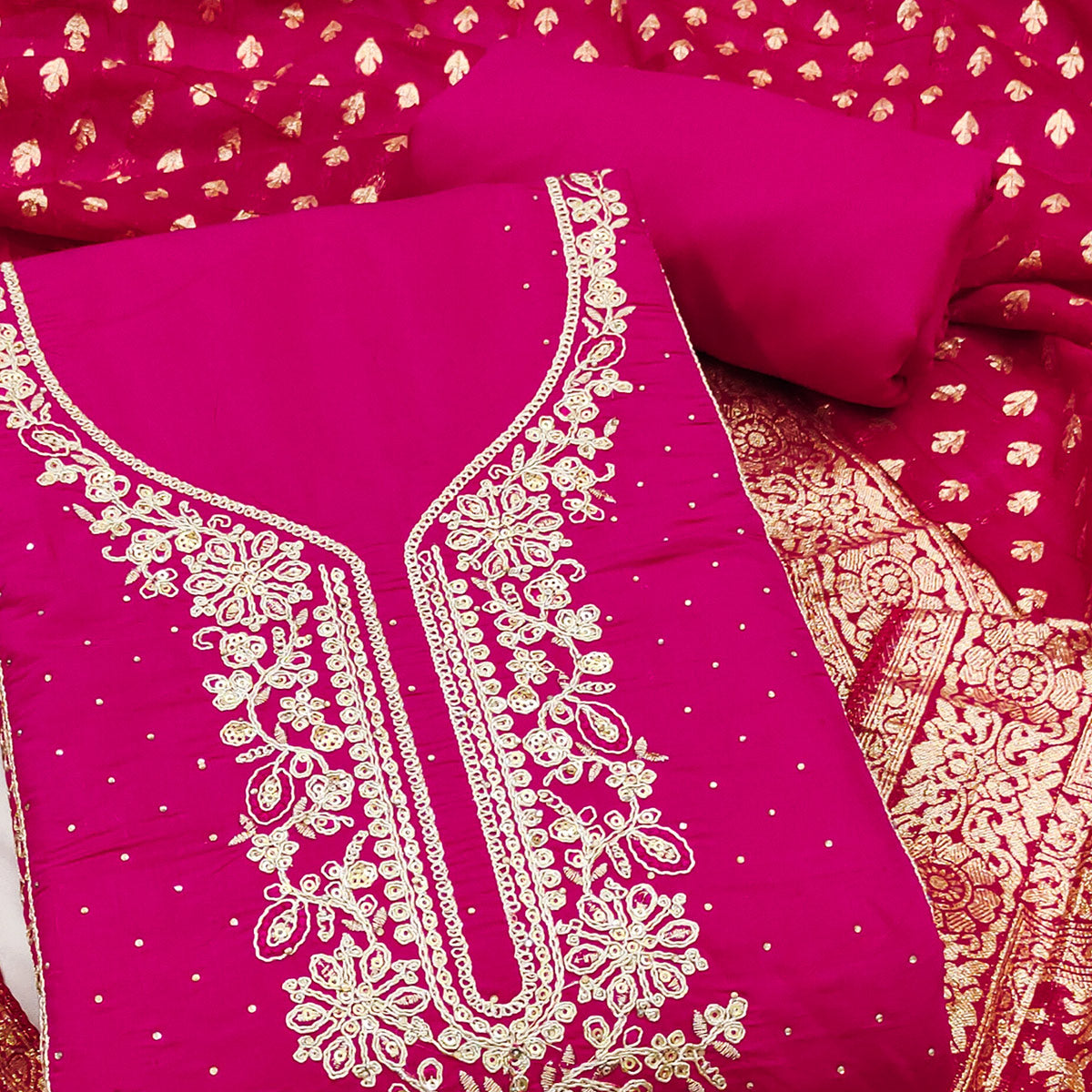 Luxury Pink  Floral Embroidered Cotton Silk Dress Material Enhanced With Swarovski Work