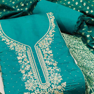 Luxury Rama Blue Floral Embroidered Cotton Silk Dress Material Enhanced With Swarovski Work