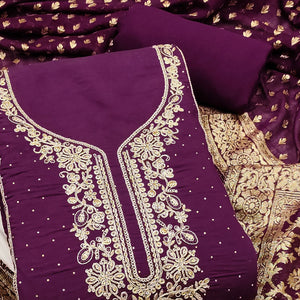 Luxury Wine Floral Embroidered Cotton Silk Dress Material Enhanced With Swarovski Work