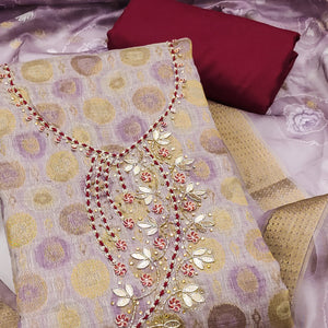 Sophisticated lavender Zari Woven Jacquard Dress Material Highlighted With Floral Handwork