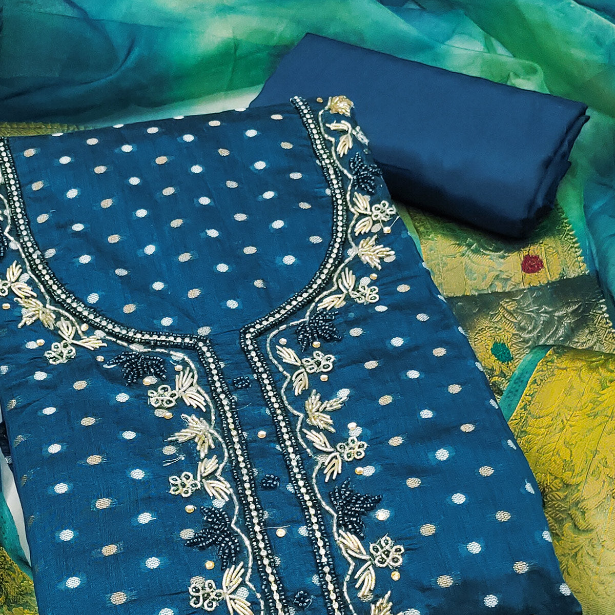 Premium Blue Woven Chanderi Silk Dress Material Highlighted with Beads & Moti Work