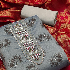 Timeless Grey Floral Printed Chanderi Silk Dress Material Enhanced With Intricate Moti Handwork