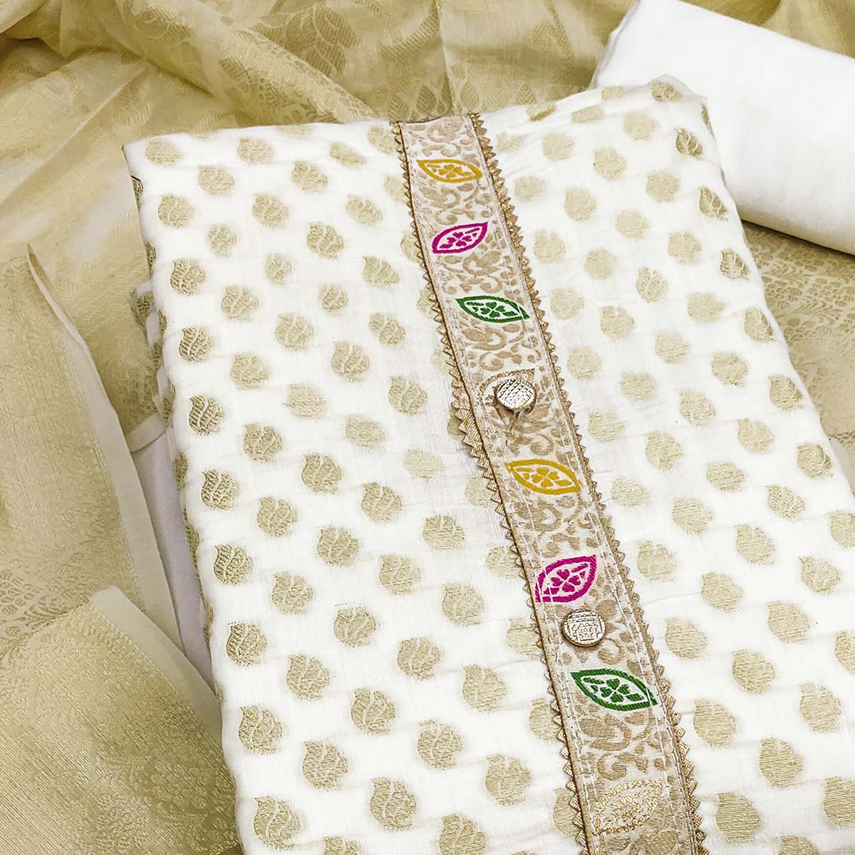 Luxurious White Golden Butti Banarasi Silk Weaving Dress Material With Elegant Neck Work