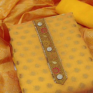 Luxurious Yellow Golden Butti Banarasi Silk Weaving Dress Material With Elegant Neck Work