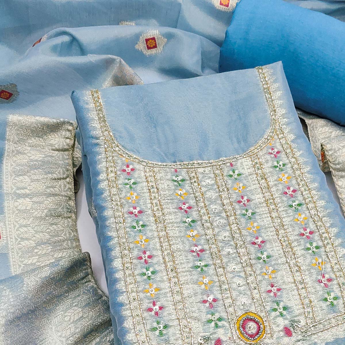 Elegant Blue Floral Weaving Shimmer Banarasi Dress Material With Beads & Sequins Neckline Work