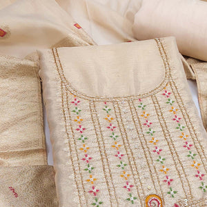 Elegant Cream Floral Weaving Shimmer Banarasi Dress Material With Beads & Sequins Neckline Work