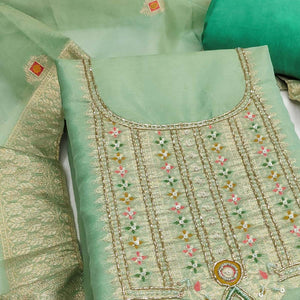 Elegant Green Floral Weaving Shimmer Banarasi Dress Material With Beads & Sequins Neckline Work
