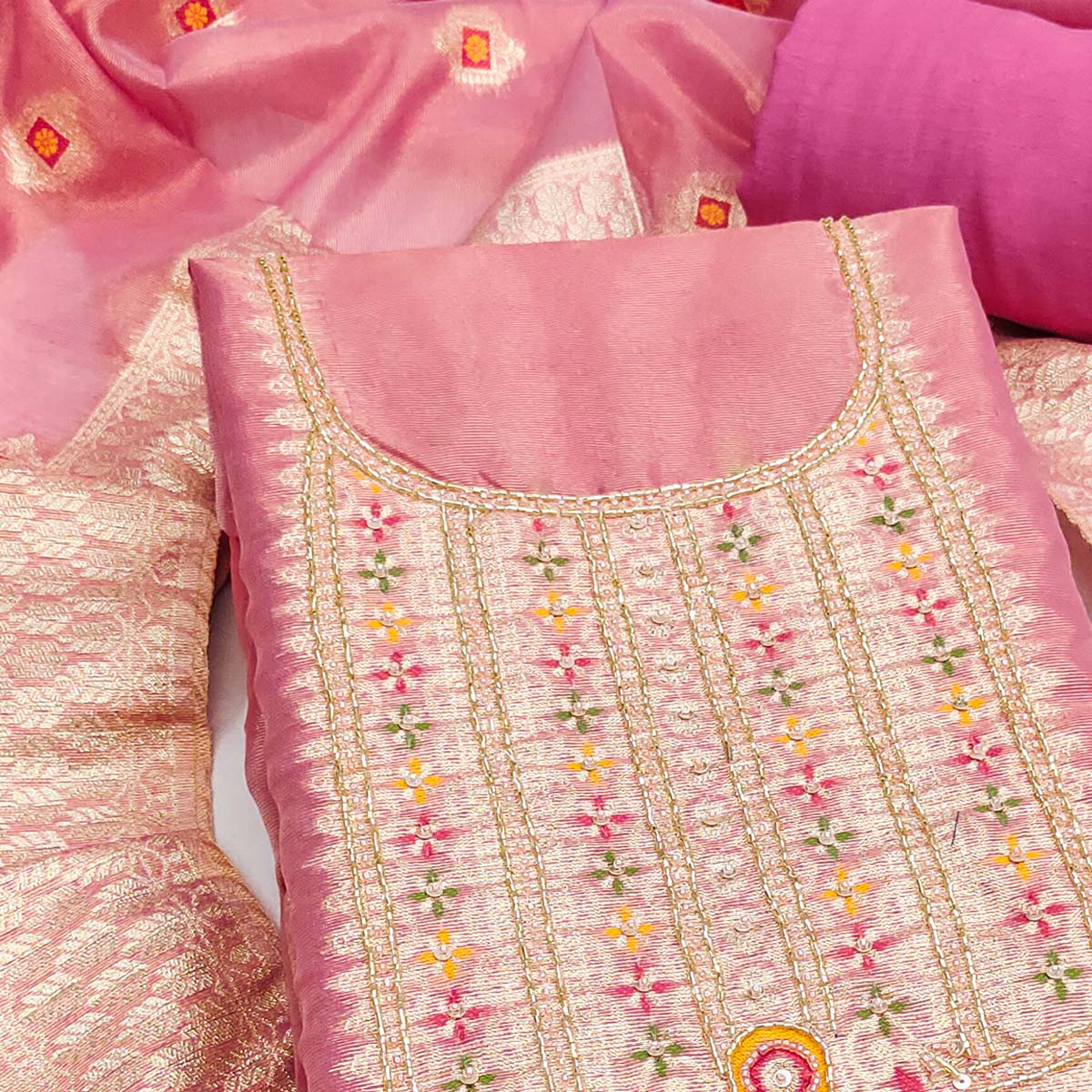 Elegant Pink Floral Weaving Shimmer Banarasi Dress Material With Beads & Sequins Neckline Work