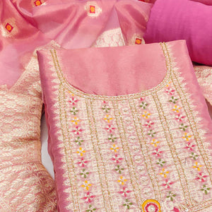 Elegant Pink Floral Weaving Shimmer Banarasi Dress Material With Beads & Sequins Neckline Work