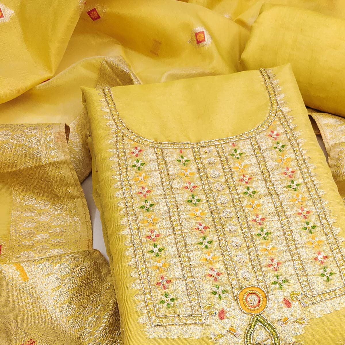Elegant Yellow Floral Weaving Shimmer Banarasi Dress Material With Beads & Sequins Neckline Work