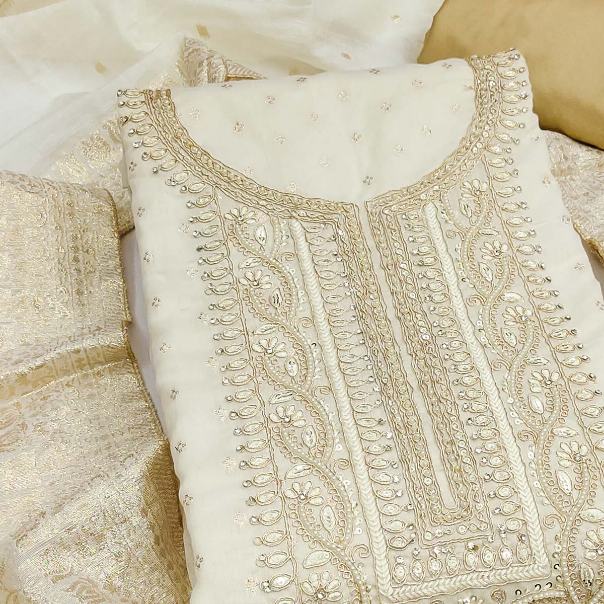 Graceful Cream Cording Embroidery Chanderi Silk Banarasi Dress Material With Sequins & Moti Work