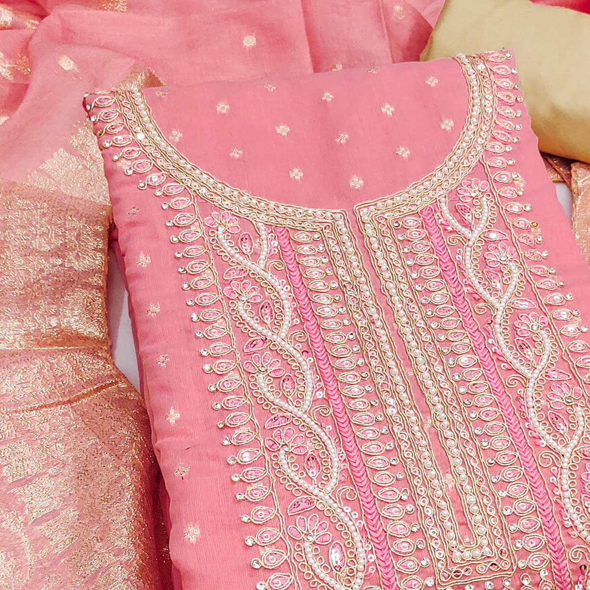 Graceful Pink Cording Embroidery Chanderi Silk Banarasi Dress Material With Sequins & Moti Work