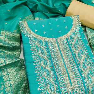 Graceful Turquoise Cording Embroidery Chanderi Silk Banarasi Dress Material With Sequins & Moti Work
