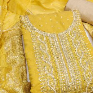 Graceful Mustard Cording Embroidery Chanderi Silk Banarasi Dress Material With Sequins & Moti Work