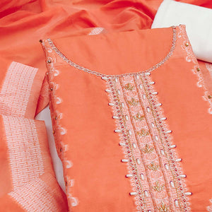 Elegant Peach Floral Weaving Cotton Silk Banarasi Dress Material Adorned With Beads & Stone Work